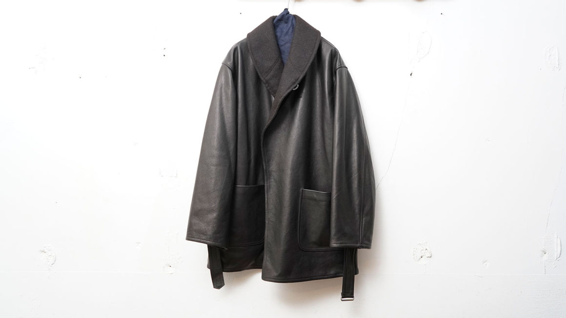 COMOLI – shawl collar leather coat –